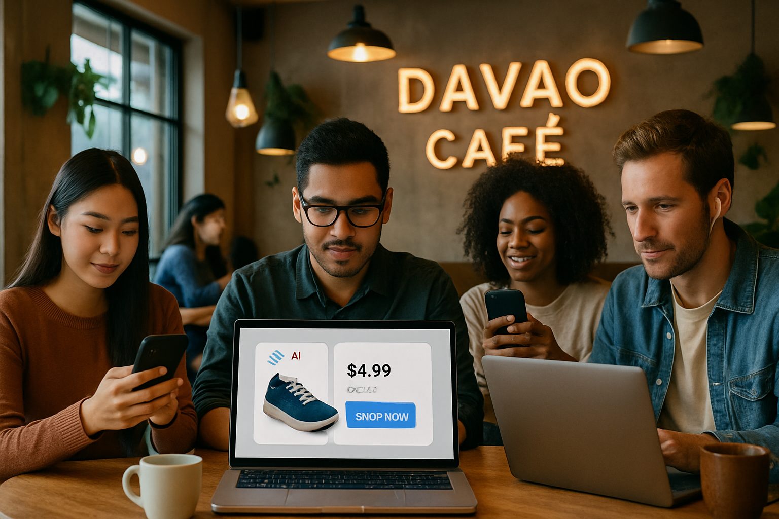 Boosting Your Davao Business with AI Marketing 3 Customers in a Davao café using smartphones, one screen shows a personalized product recommendation.