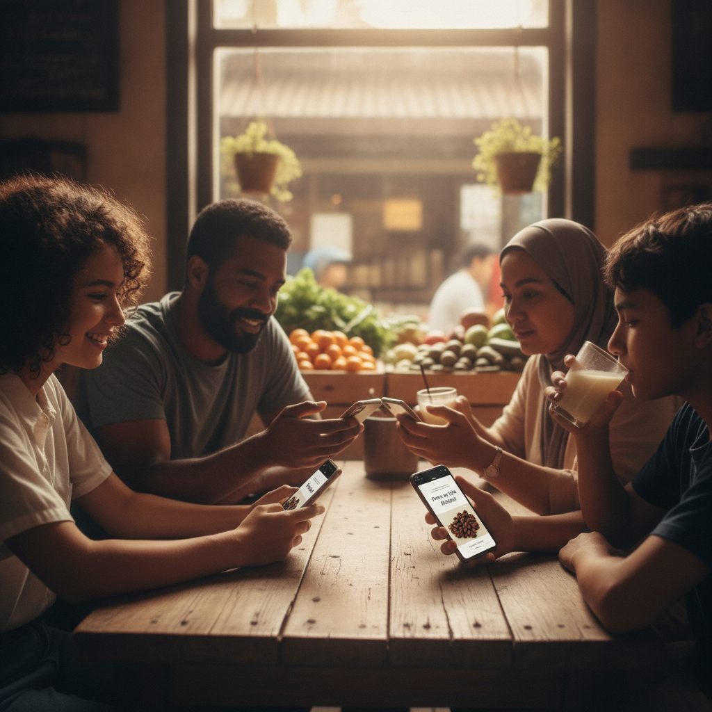 Boosting Your Davao Business with AI Marketing 2 Customers in a Davao cafe using smartphones, one screen showing a personalized product recommendation.