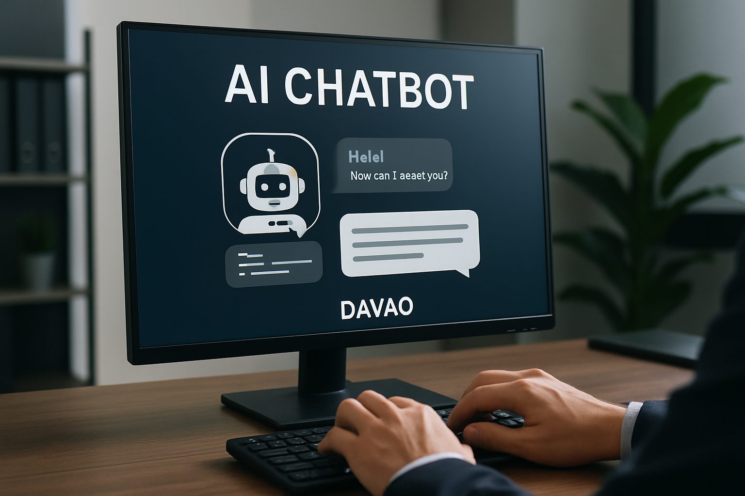 Boosting Your Davao Business with AI Marketing 5 Computer monitor displays an AI chatbot interface with hands typing on a keyboard nearby.