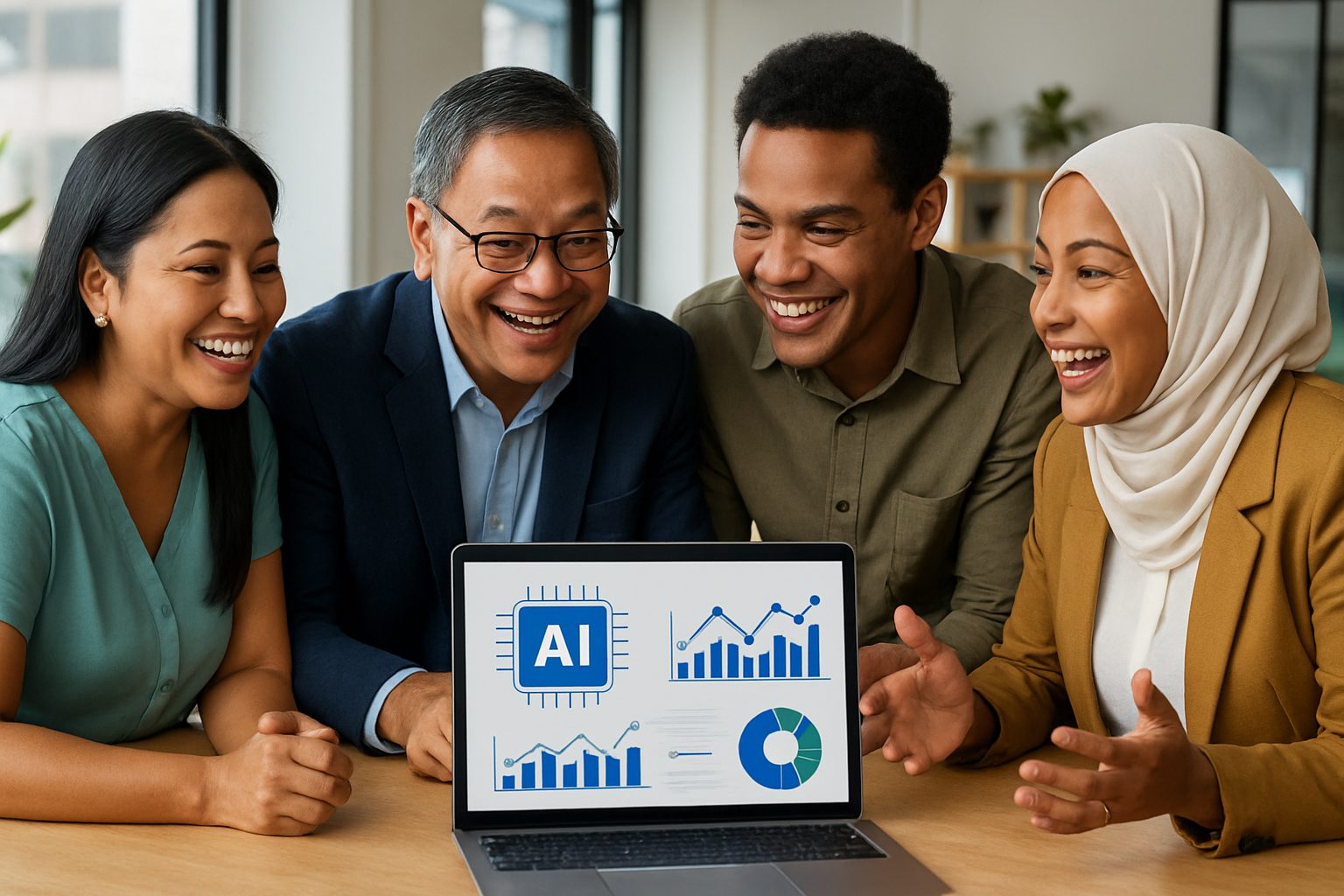 Integrating AI into Davao Website Development: A Step-by-Step Guide 2 Diverse Davao business owners discussing AI integration around a table with a laptop in an office.