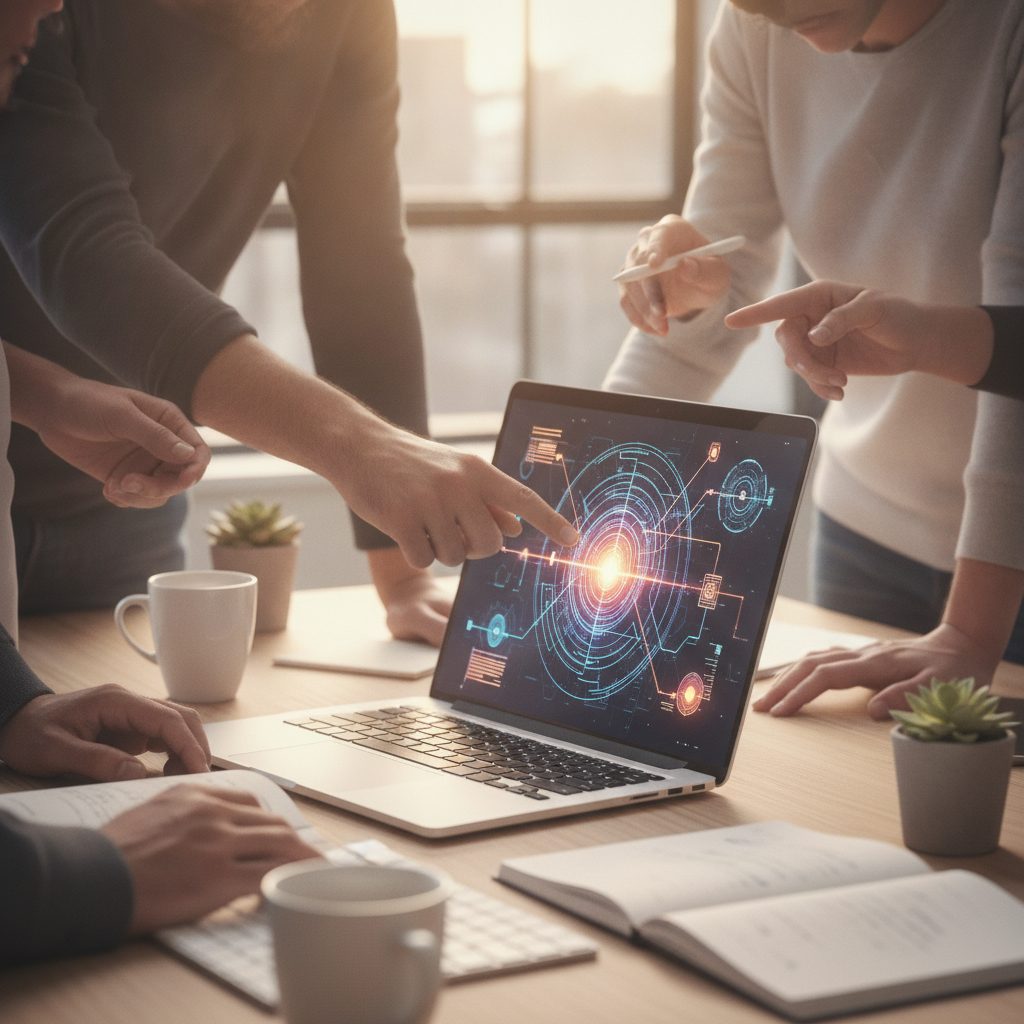 Unlocking Business Growth: How AI Tools Can Transform Your Davao Company 2 Diverse hands collaborating around a tablet showing AI data analysis, illustrating simplified AI use.
