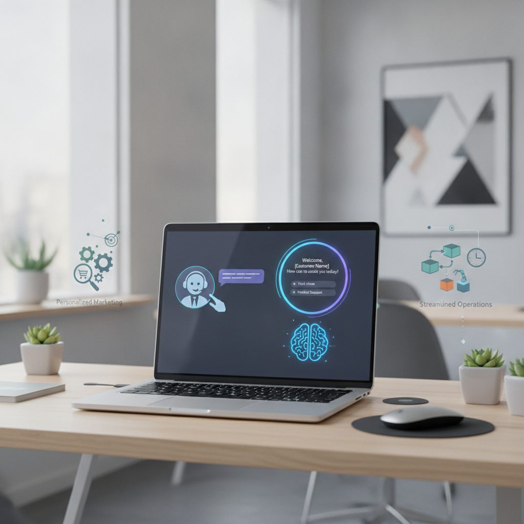 Unlocking Business Growth: How AI Tools Can Transform Your Davao Company 3 Laptop screen with AI chatbot, adjacent icons for personalized marketing and streamlined operations.
